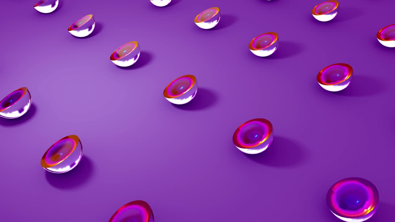 Set of different colors 3d rotating glass shapes sliced balls. 4k seamless loop animation footage.