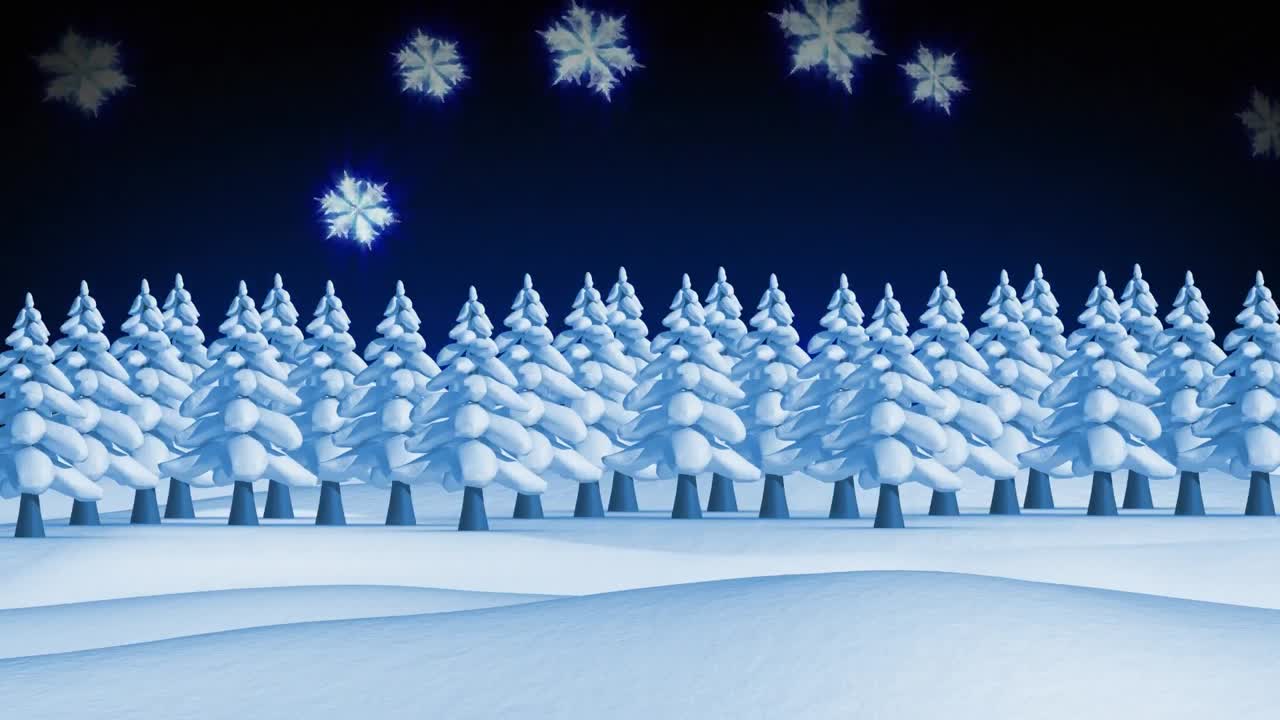 파란색 배경에 나무 위에 내리는 눈의 애니메이션