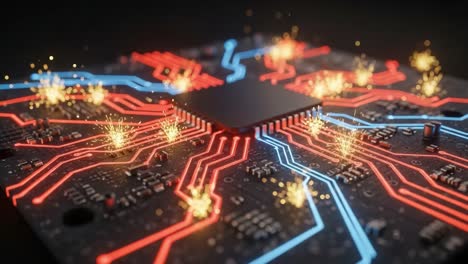 a close-up view of a modern circuit board with pulsing sparks emitting from the connections, showcasing the intricacies of technology and electrical flow