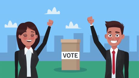 pareja de candidatos con caja de votación en la ciudad