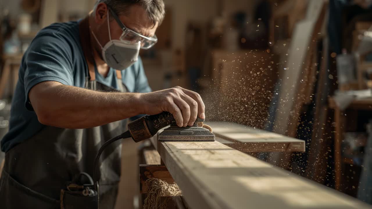Turning on orbital sander, worker sanding plank at shop bench, smoothing surface with mask, goggles