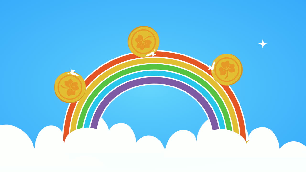 tarjeta animada del día de san patricio con monedas de arco iris y tesoro