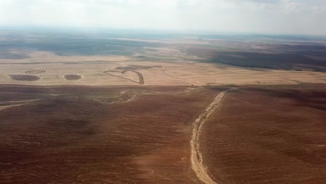 aerial footage over crop formations  in the field