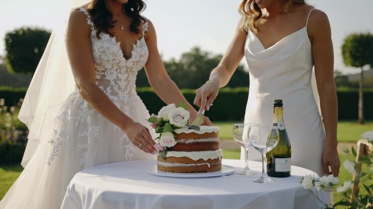 Raising knife, two brides in wedding gowns cutting cake at garden table, celebrating marriage
