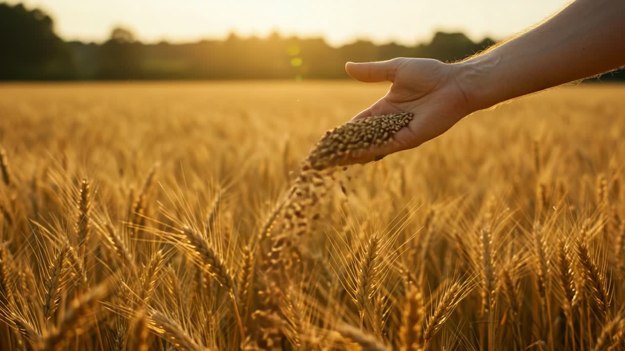A Hand Sowing Seeds in a Golden Wheat Field: Capturing the Essence of Agriculture and Growth in Sunny Rural Landscapes