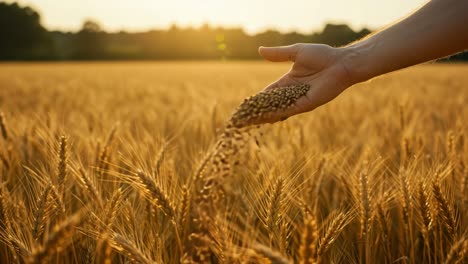 a hand sowing seeds in a golden wheat field: capturing the essence of agriculture and growth in sunny rural landscapes