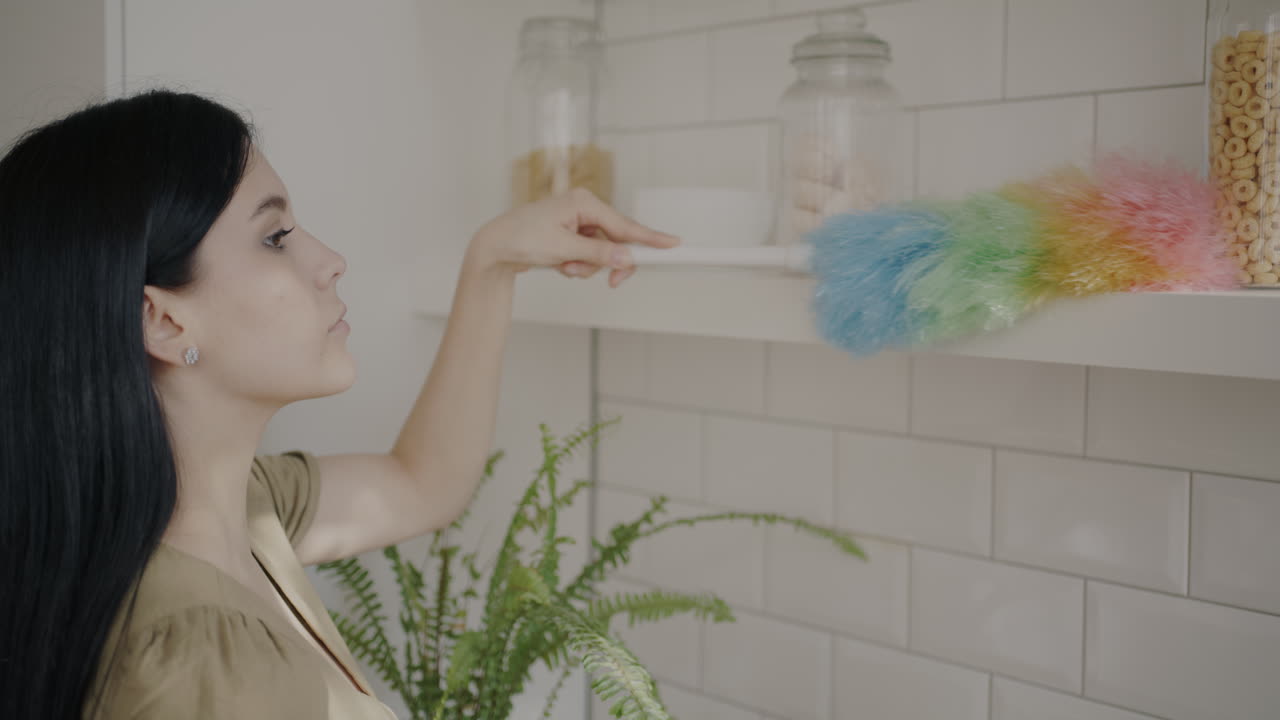 Woman Cleaning Kitchen Shelves