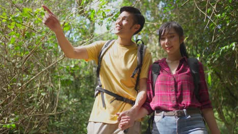 una pareja de senderistas en un bosque exuberante