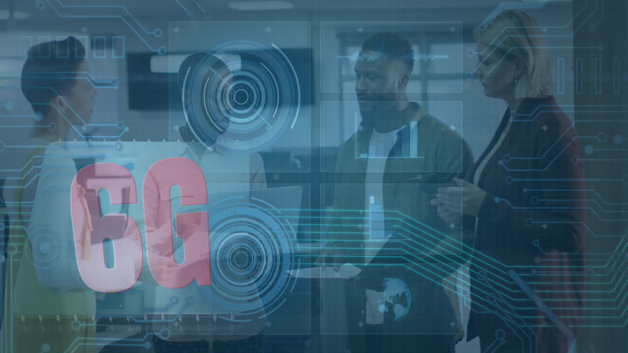 Animation of 6g text, circles, circuit board pattern over multiracial coworkers discussing in office
