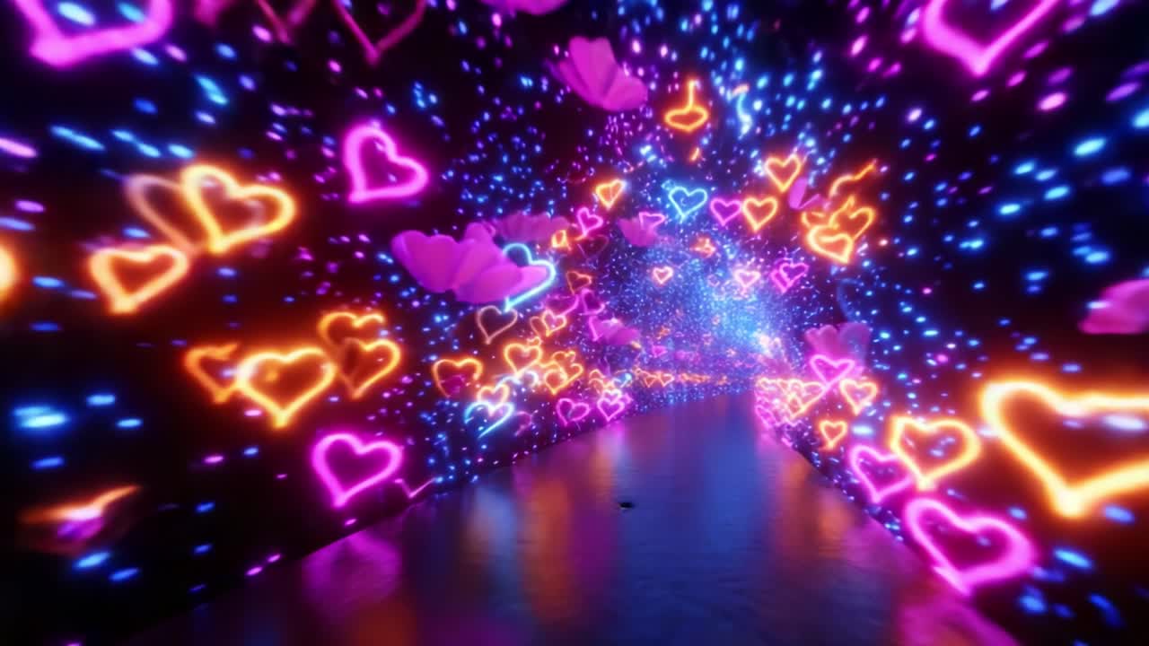 Vibrant Neon Heart Tunnel: A Journey Through Colorful Lights and Enchanting Patterns Captured in a Mesmerizing Video Experience that Showcases the Beauty of a Dreamlike Environment