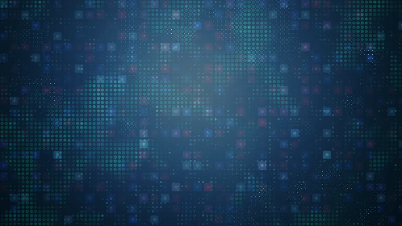Futuristic Blue and Green Neon Grid with Pulsating Dots in Dynamic Motion - Abstract Cyber Mesh of Glowing Turquoise Dots with Flickering High-Tech Animation