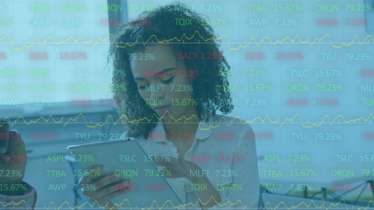 animazione di una donna d'affari che utilizza un tablet digitale con elaborazione di dati finanziari