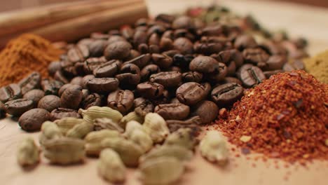 a colorful display of beans, spices, and aromas: exploring the richness of coffee and culinary ingredients in beautifully arranged composition