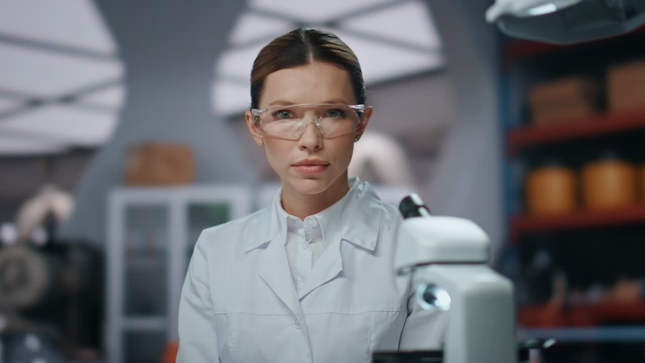 Confident medical scientist posing in advanced laboratory in glasses close up.