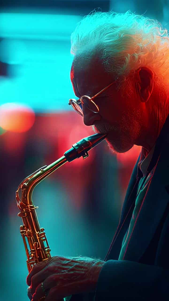 Captivating Jazz Performance: An Older Musician Skillfully Plays the Saxophone, Enveloped in Vibrant Colors and Atmospheric Lighting in a City Setting