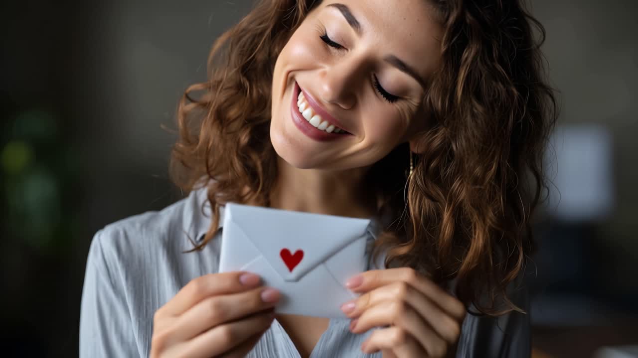 Un sorriso caloroso incontra una lettera a forma di cuore. Capelli castani ricci incorniciano un'espressione gioiosa. Tiene una busta bianca con un cuore rosso. L'illuminazione soffusa esalta il suo sguardo felice e in attesa.