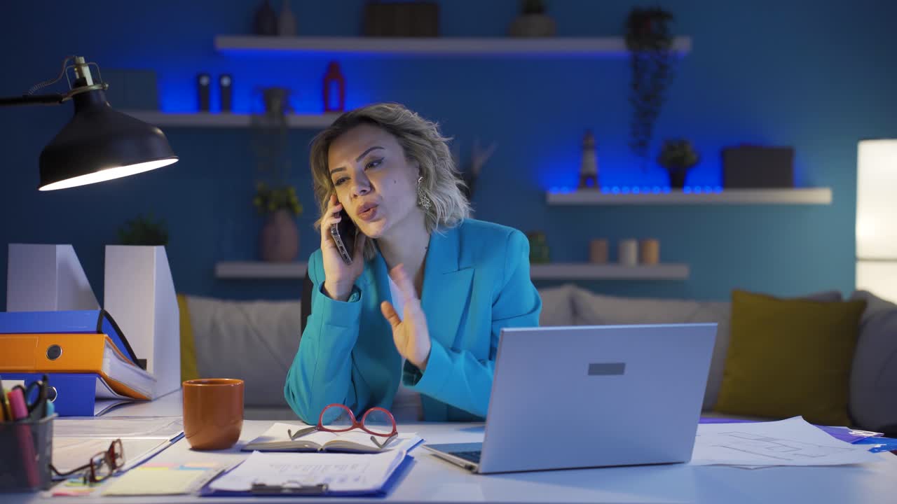 Home office worker woman talking on the phone happily.