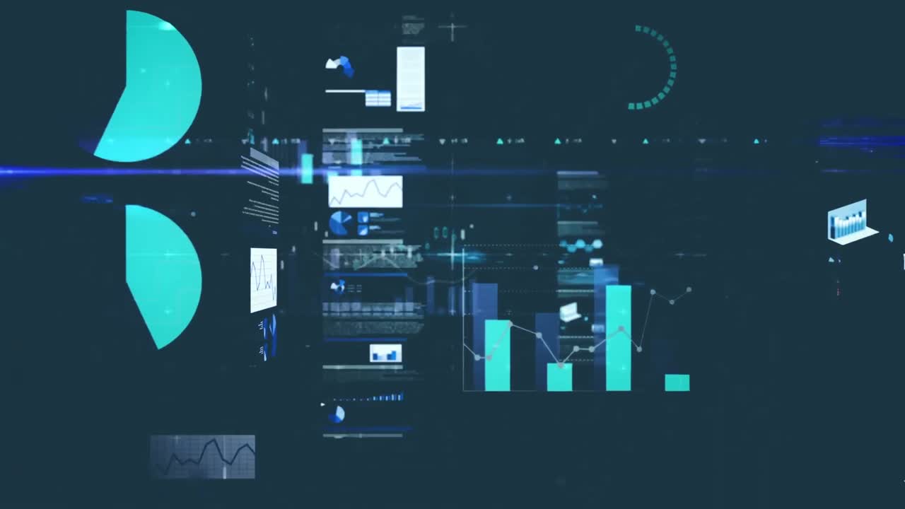 Animation of digital data processing over dark background