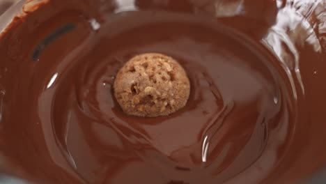 dropping healthy outmeal snack into bowl of chocolate, slow motion, close up