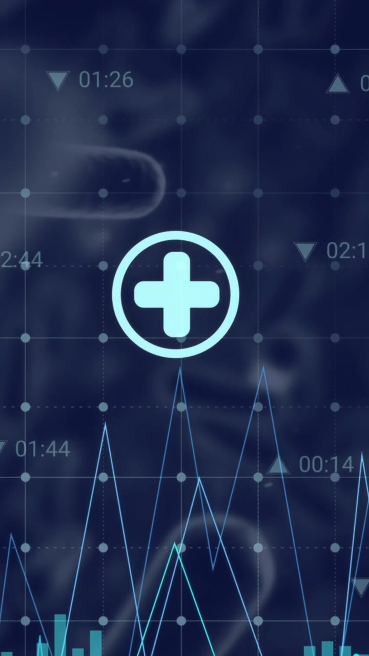 Animation of data processing and digital icons over blood vessels floating against blue background