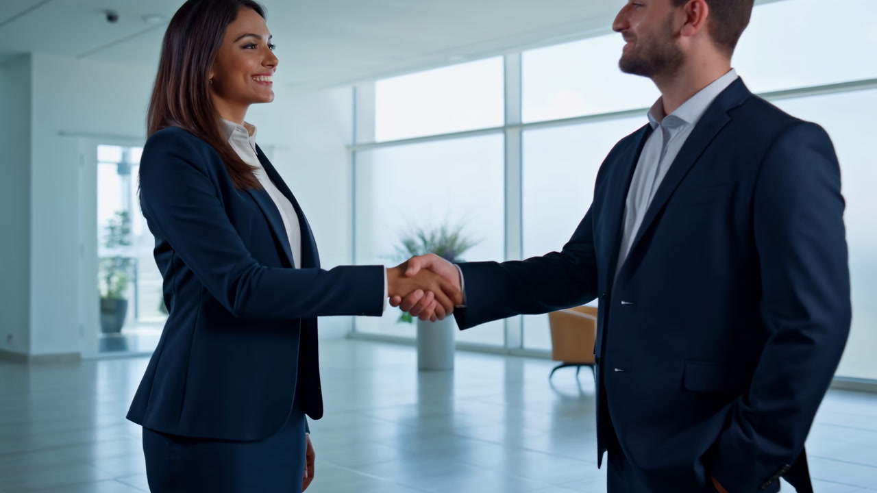 Female Executive And Male Manager Shaking Hands In Modern Office Lobby With Floortoceiling Windows, Warm