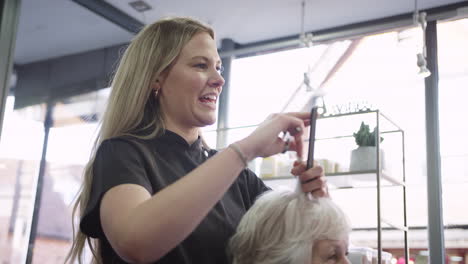 senior woman having hair cut by female stylist in hairdressing salon