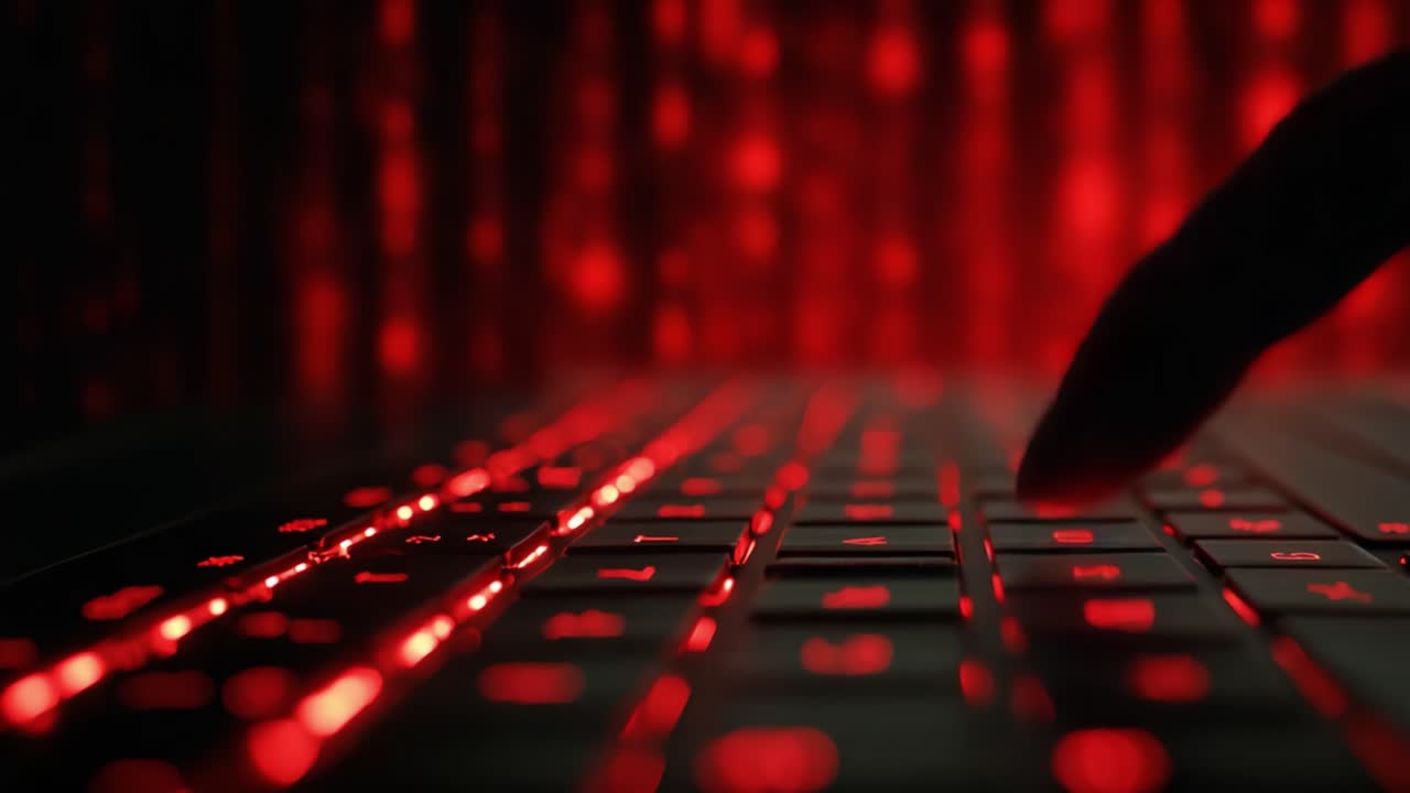 A Close-Up View of a Cybernetic Keyboard Illuminated by Red Lights, Illustrating the Intersection of Technology and Digital Interaction in a Dark Environment
