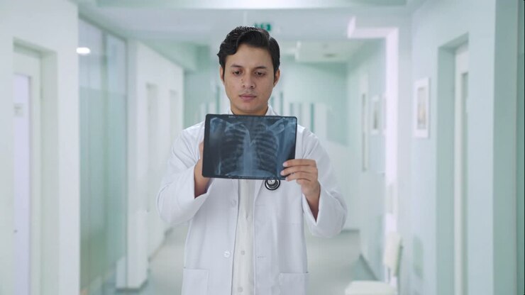 el médico indio chequea el informe de rayos x.