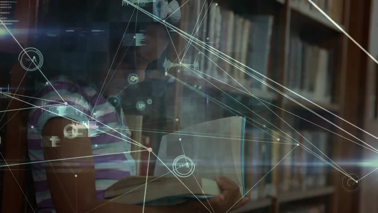 animación de redes de conexiones sobre una colegiala afroamericana leyendo un libro