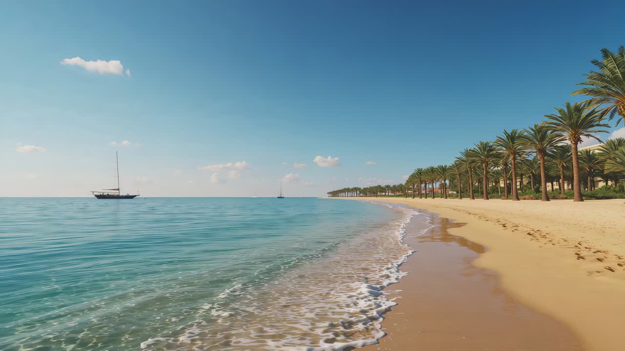 Seguire la costa, camera in movimento, catturare la schiuma della spiaggia tropicale, le palme, le impronte, la barca a vela ancorata