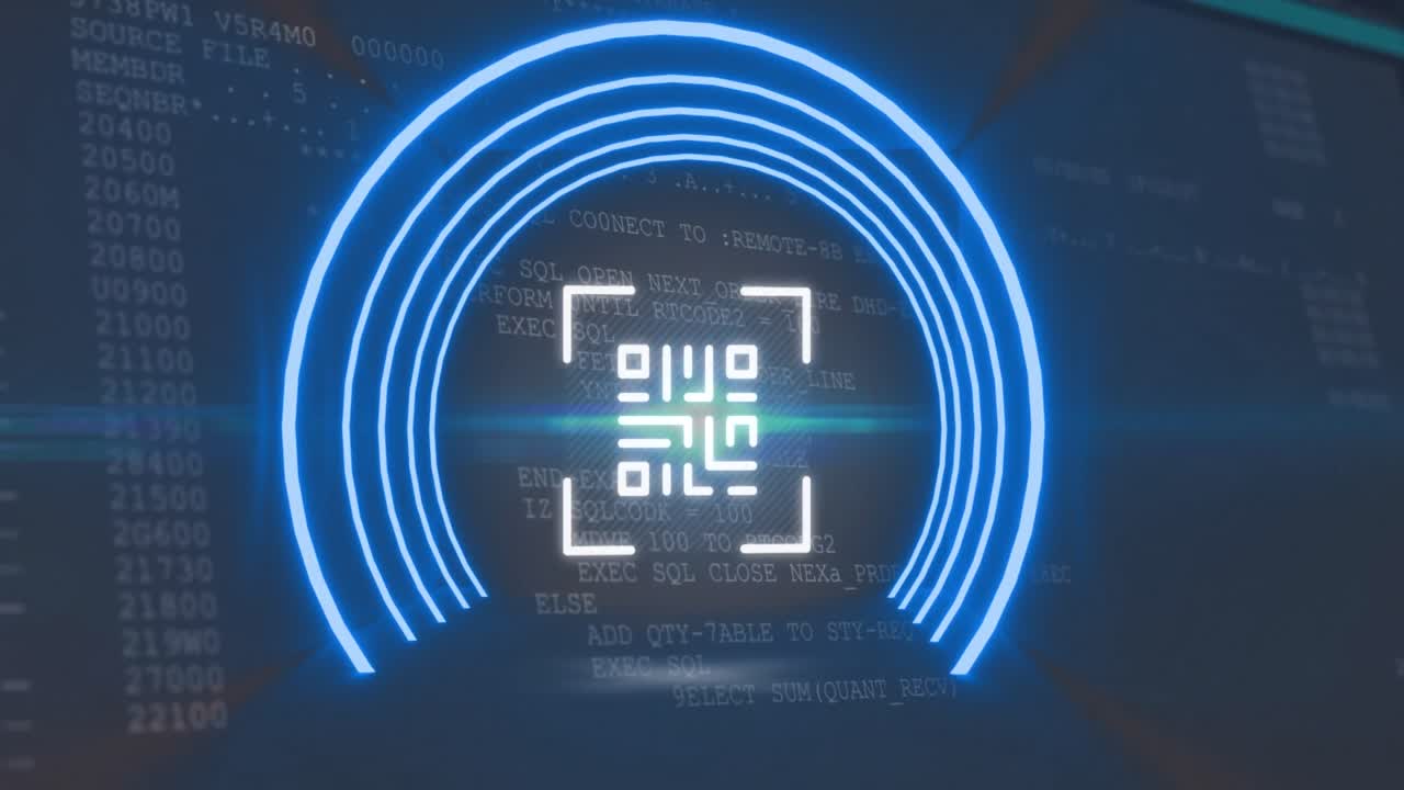 qr 코드의 애니메이션, 파란 네온 원을 통해 데이터 처리