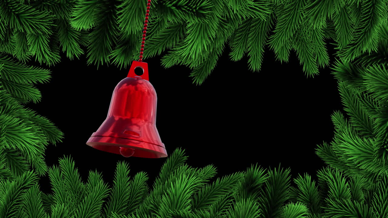 Animazione di decorazione natalizia a forma di campana rossa su sfondo di rami di abete