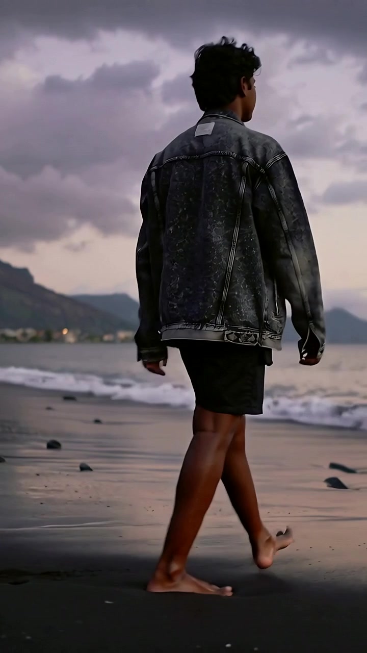Vertical video: Starting step, male in denim jacket walking wet sand shoreline to watch horizon