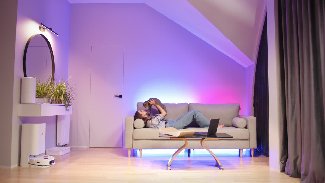 mujer relajándose con el gato en el sofá en la sala de estar moderna