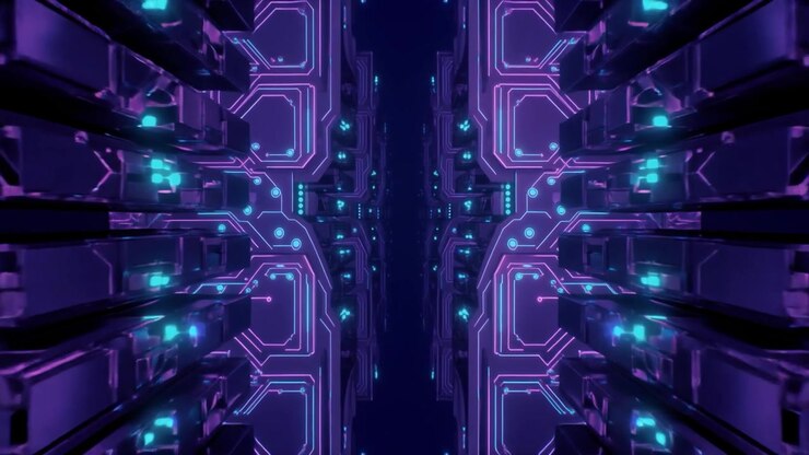 Tunnel Futuristico di Circuito Digitale con Luci al Neon Scintillanti