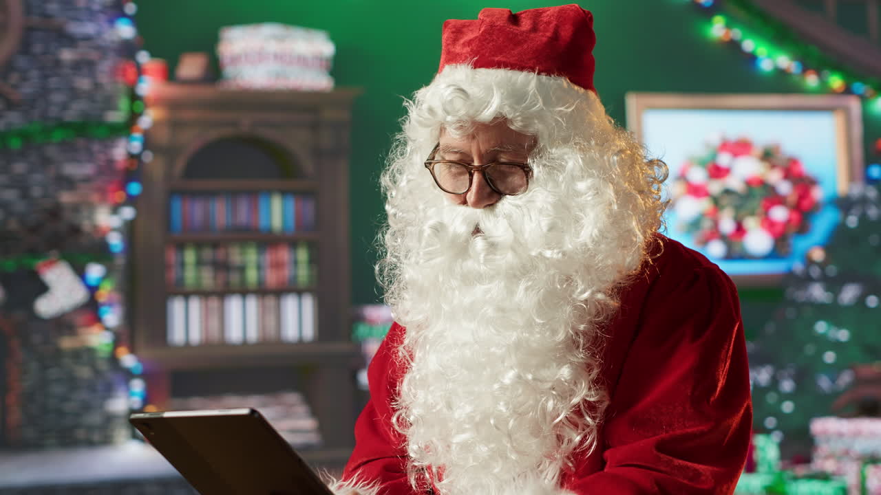 태블릿을 사용하는 산타클로스