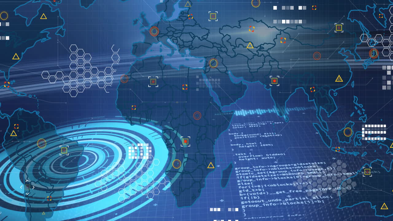 Digital data and network connections animation over world map and radar graphics