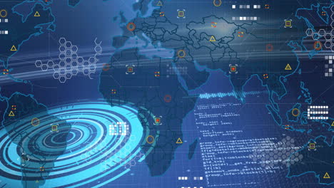 세계 지도 및 레이더 그래픽에 대한 디지털 데이터 및 네트워크 연결 애니메이션