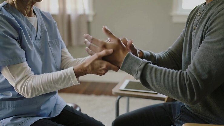 Physical Therapist Examining Patient's Hand in Clinic