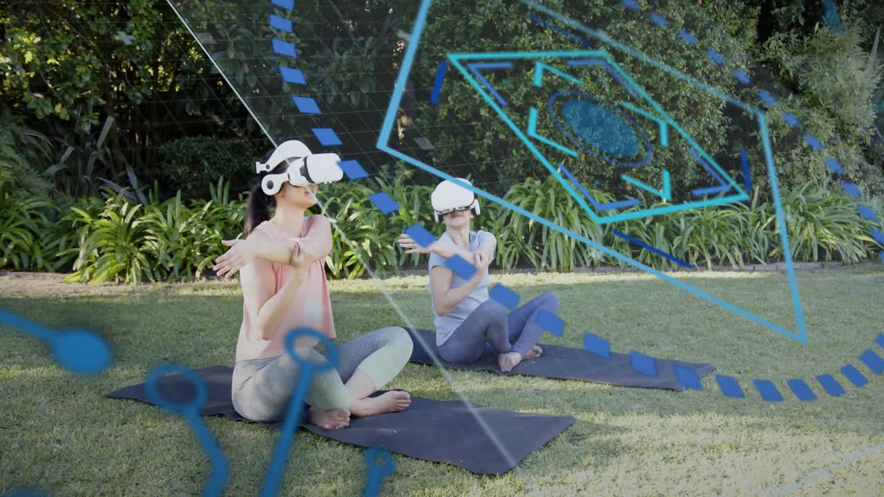 Two women fitting white VR sets after one lifting hers, following health moves with blue overlay