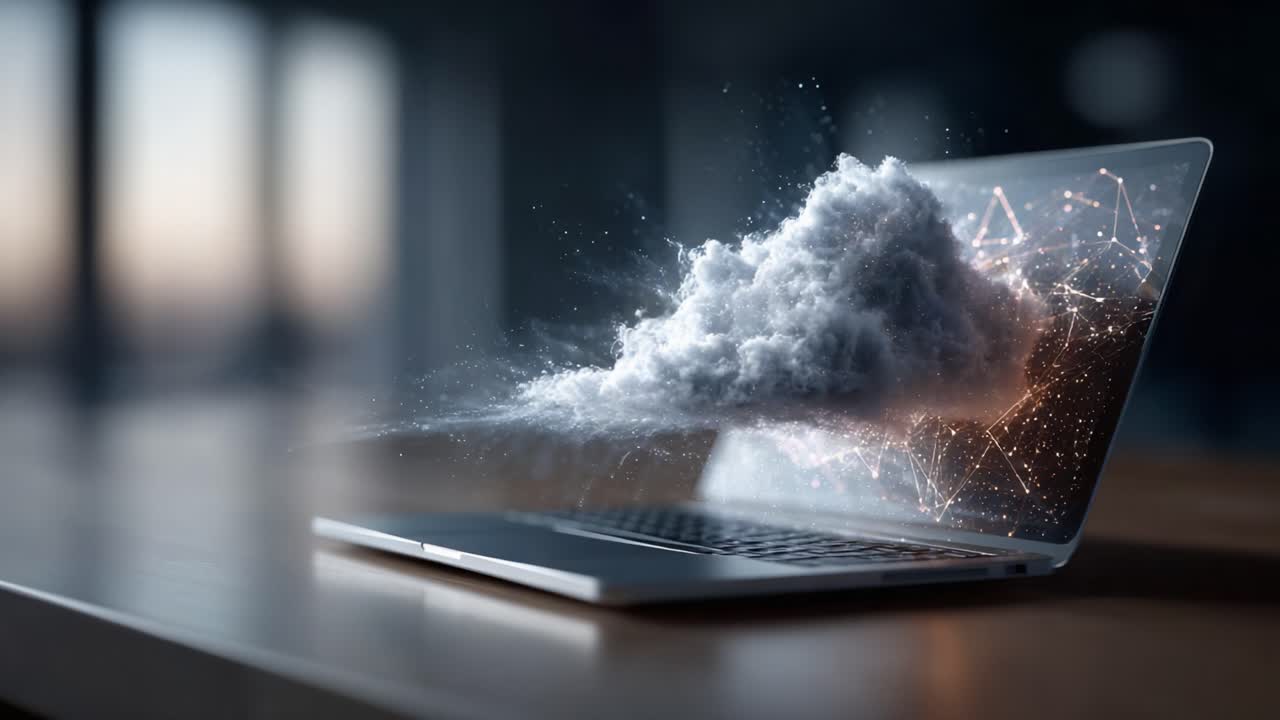 A Stunning Visual of a Laptop Releasing a Cloud of Digital Particles, Blending Technology and Imagination in a Dynamic Scene of Creativity and Innovation