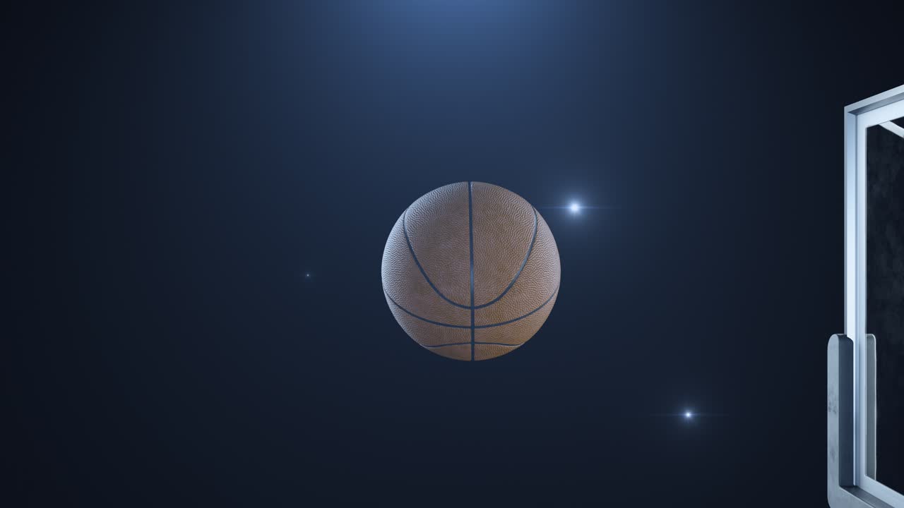 Basketball hit the basket in slow motion on the background of flashes of cameras