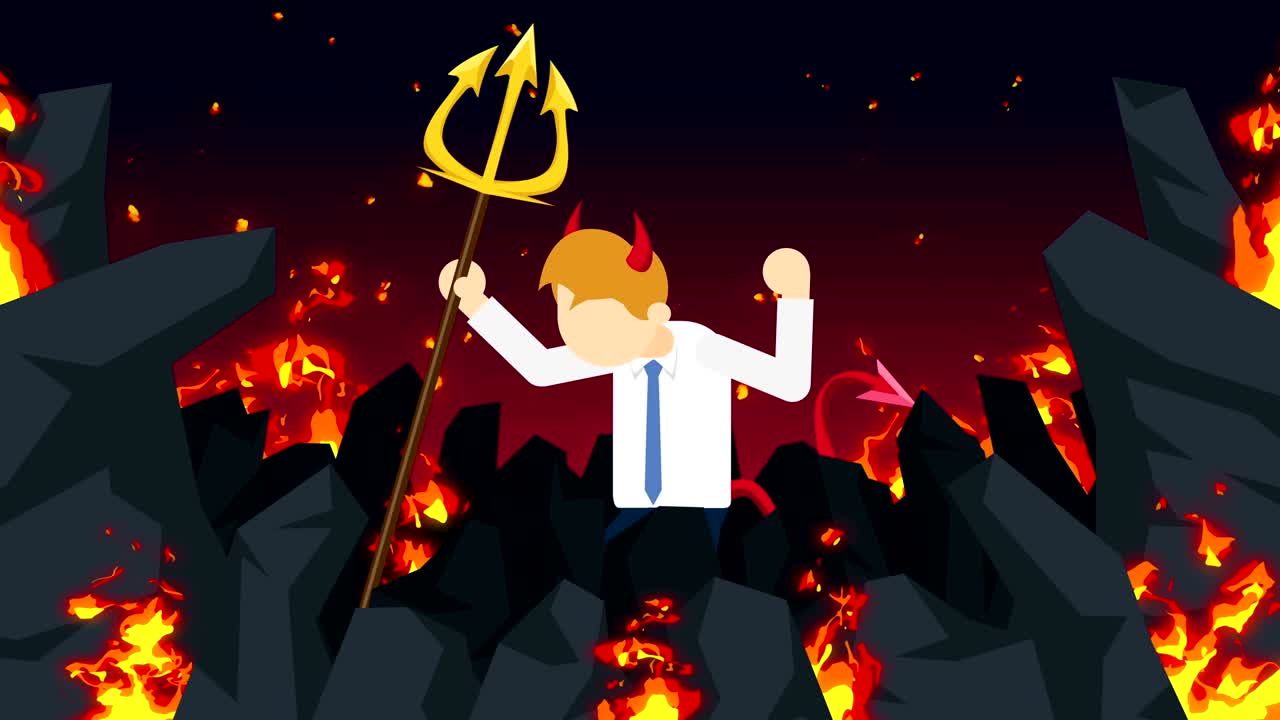 지옥에서 날아다니는 만화 악마, 불타는 야생에서 비즈니스 캐릭터, 할로윈, 코스플레이, 루프 무서운 애니메이션