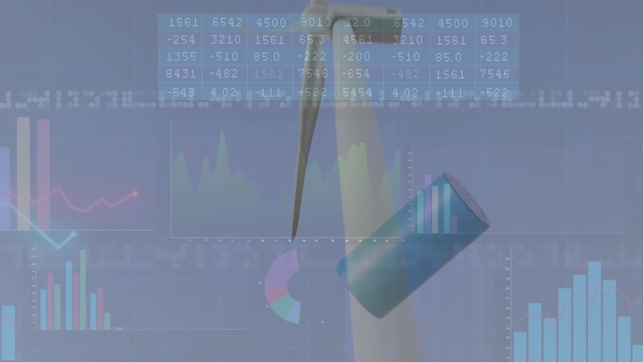 통계 데이터 처리의 애니메이션과 회전하는 풍차 위에 떠다니는 원통 모양