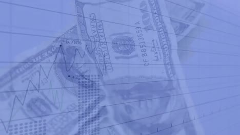 animación del procesamiento de datos financieros sobre billetes de dólares estadounidenses