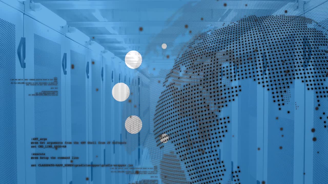 컴퓨터 서버의 애니메이션, 연결과 아이콘으로 전 세계에 대한 데이터 처리