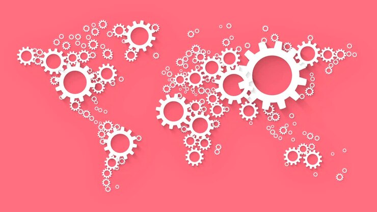 world map global cooperation with cog wheel