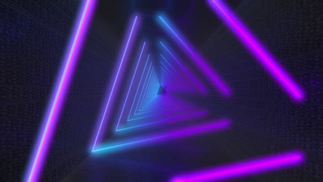 abstract flying in futuristic corridor with triangles, seamless loop 4k background, fluorescent ultraviolet light, colorful laser neon lines, geometric endless tunnel, blue pink spectrum,