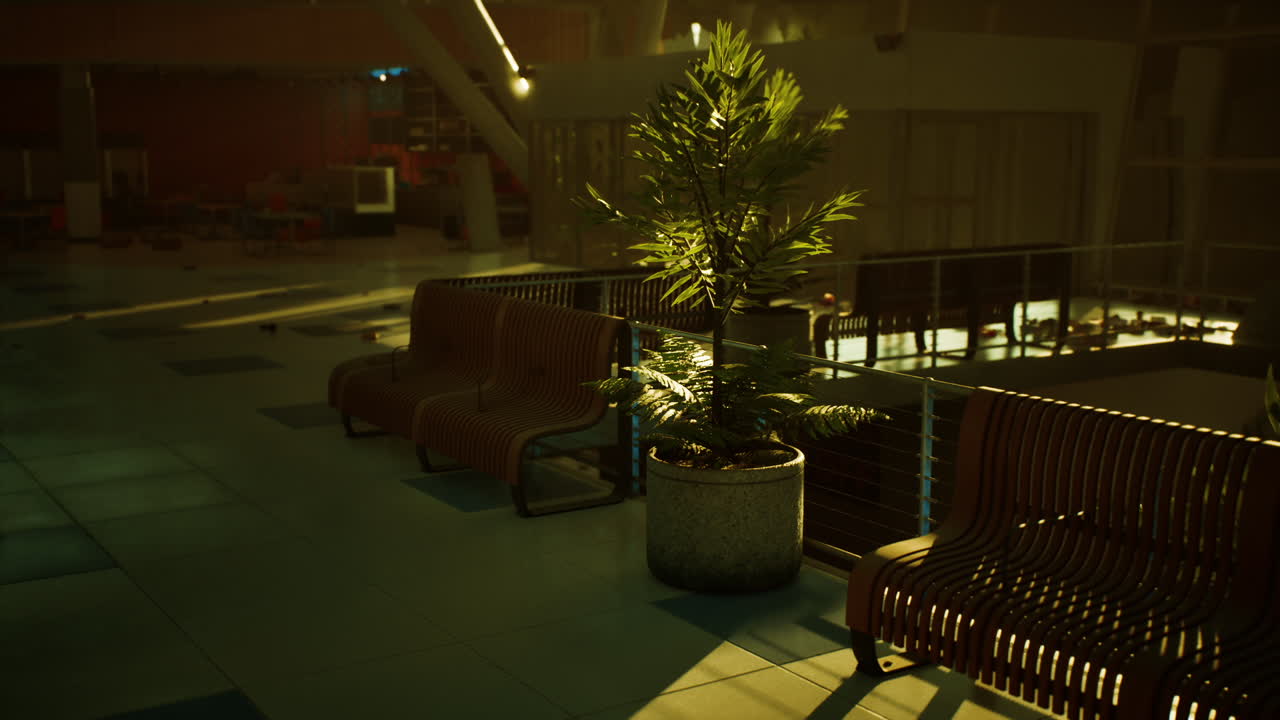 황혼에 버려진 공항 터미널의 잔해를 탐험하고 있습니다.