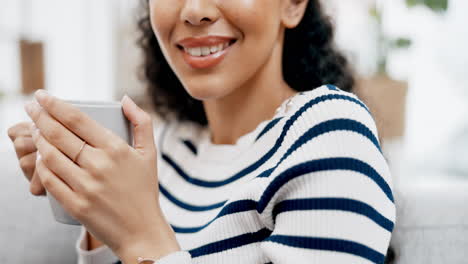 closeup, home and woman with a smile
